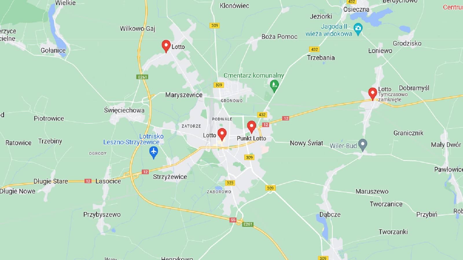 mapa punktów Lotto w okolicy Leszna