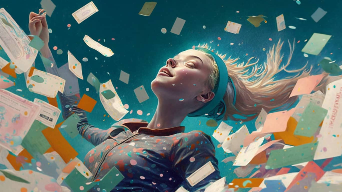 malunek kobiety o błogiej minie, unoszącej się w powietrzu pośród konfetti i kuponów lotto