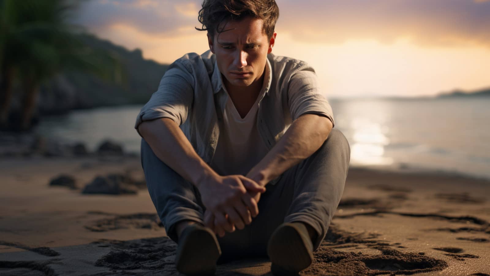 smutny mężczyzna siedzący na plaży