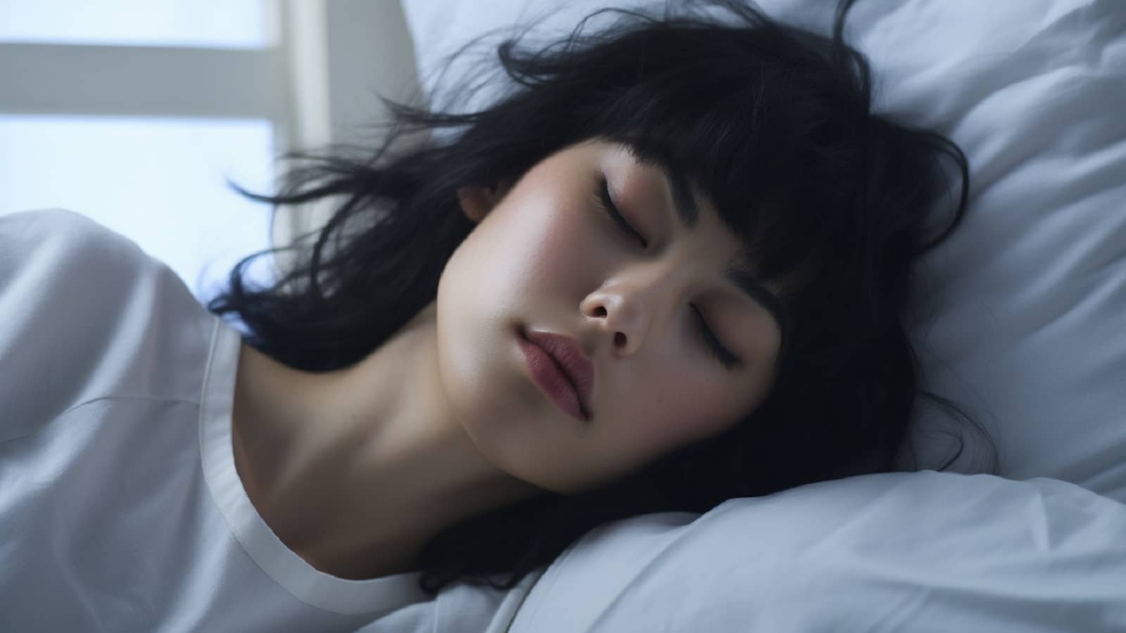 czarnowłosa kobieta śpiąca na białym łóżku