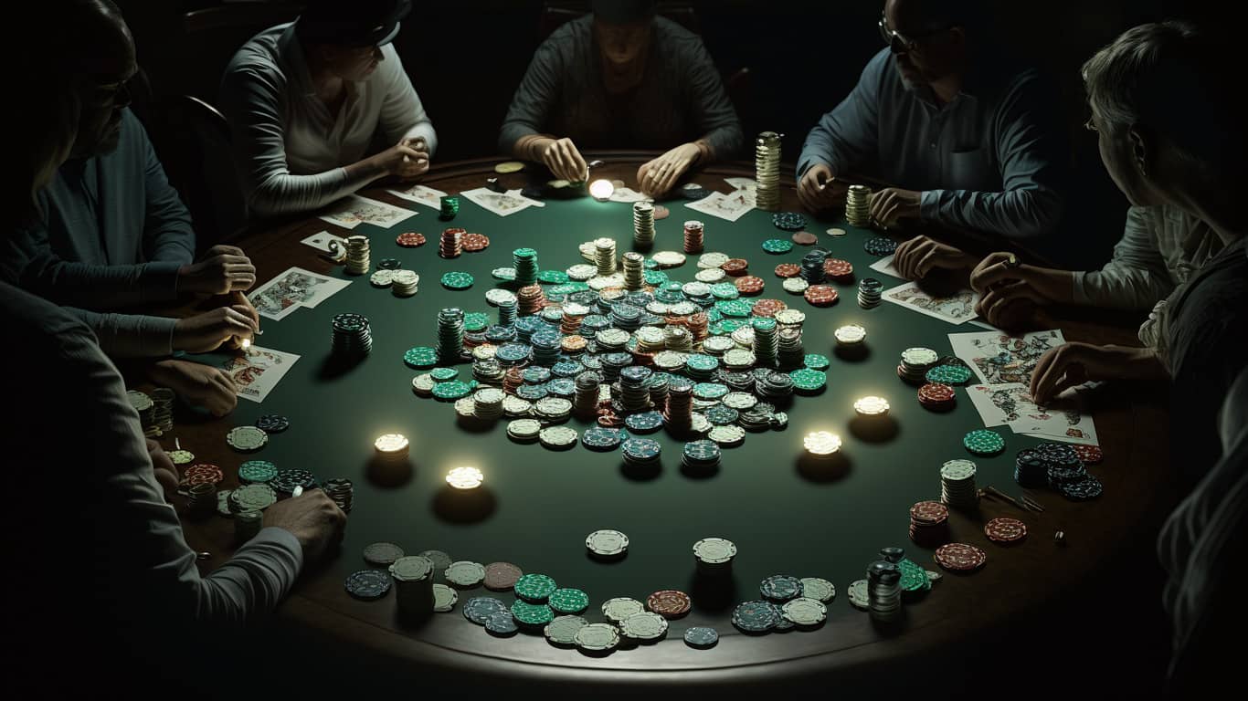 okrągły stół kasynowy z żetonami, kartami i ludźmi siedzącymi wokół