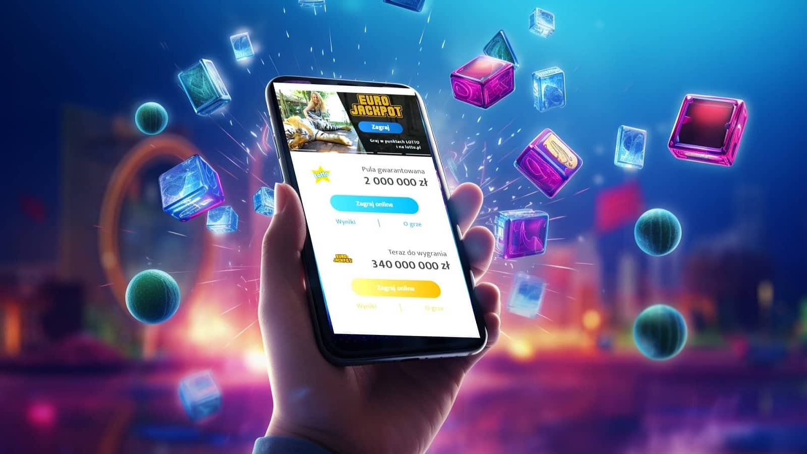 artystyczna grafika pokazująca dłoń trzymającą smartfona z włączoną aplikacją Lotto