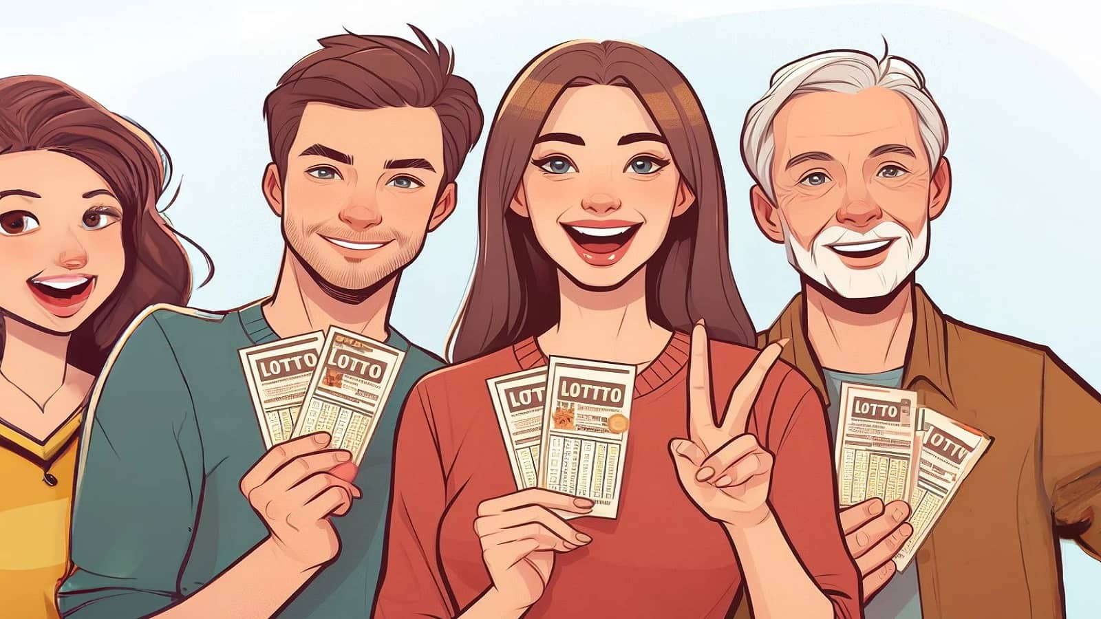 rysunek czwórki graczy lotto prezentujących swoje zakłady Lotto