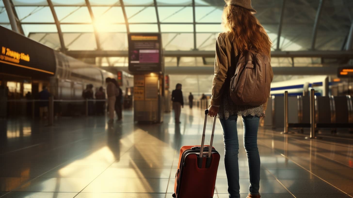 turystka ciągnie walizkę wchodząc na teren lotniska