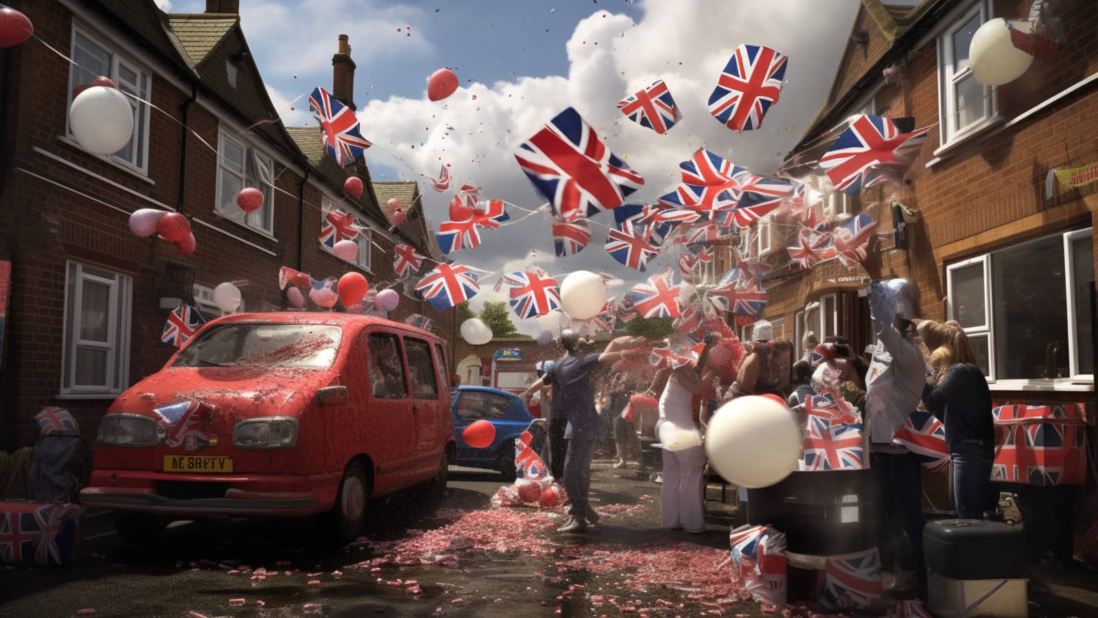 uliczka w Wielkiej Brytani ludzie celebrujący wydarzenie, flagi, balony