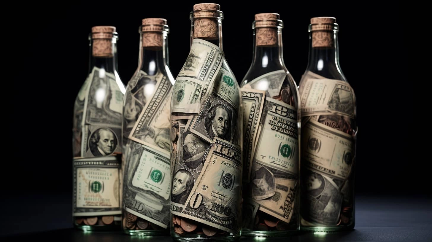 butelki z włożonymi do środka banknotami dolarami