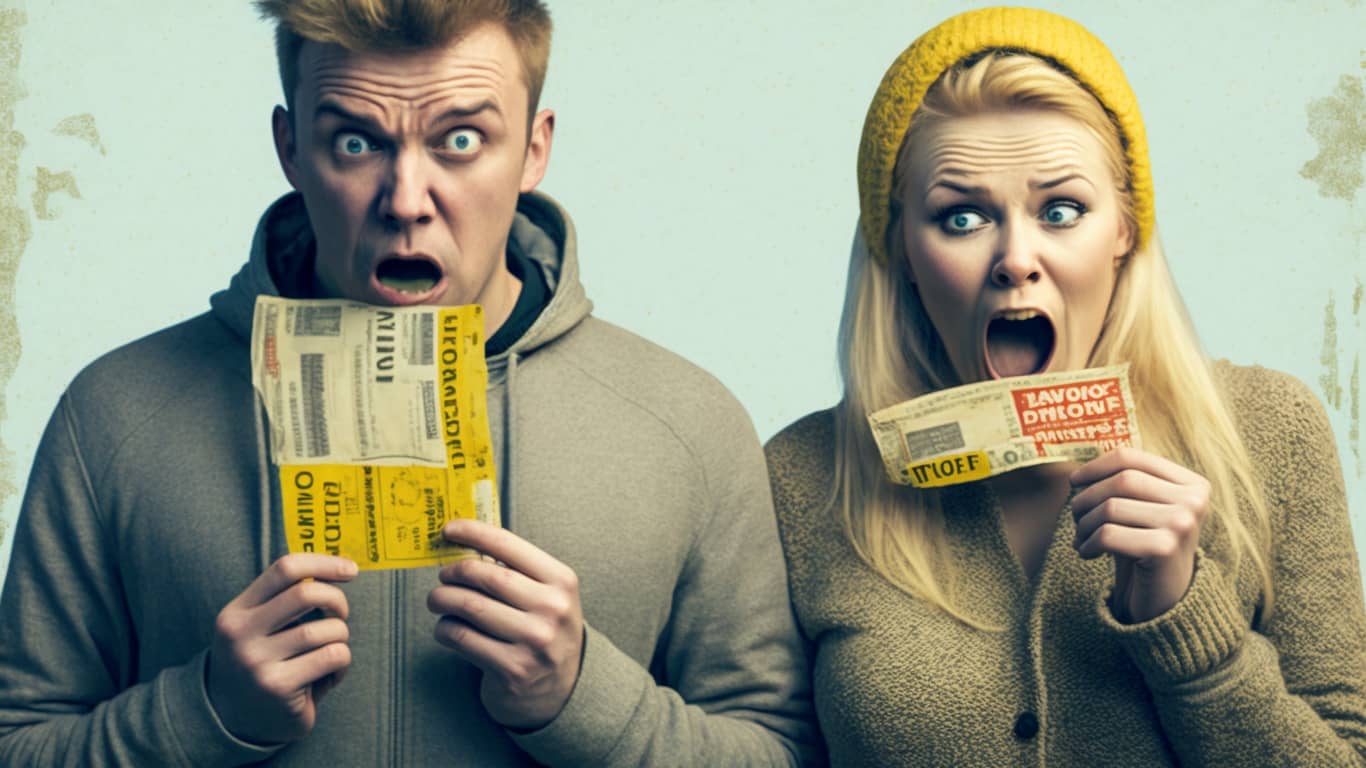mężczyzna oraz kobieta ze zdenerwowanymi minami trzymają rozdarty kupon na loterię