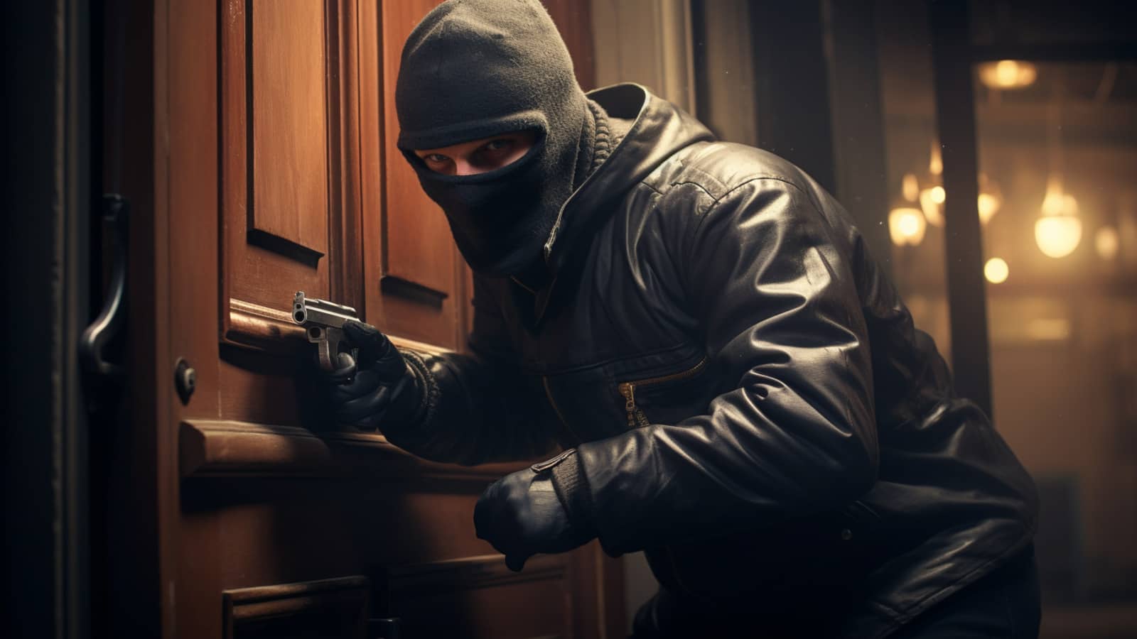 złodziej włamuje się przez drzwi