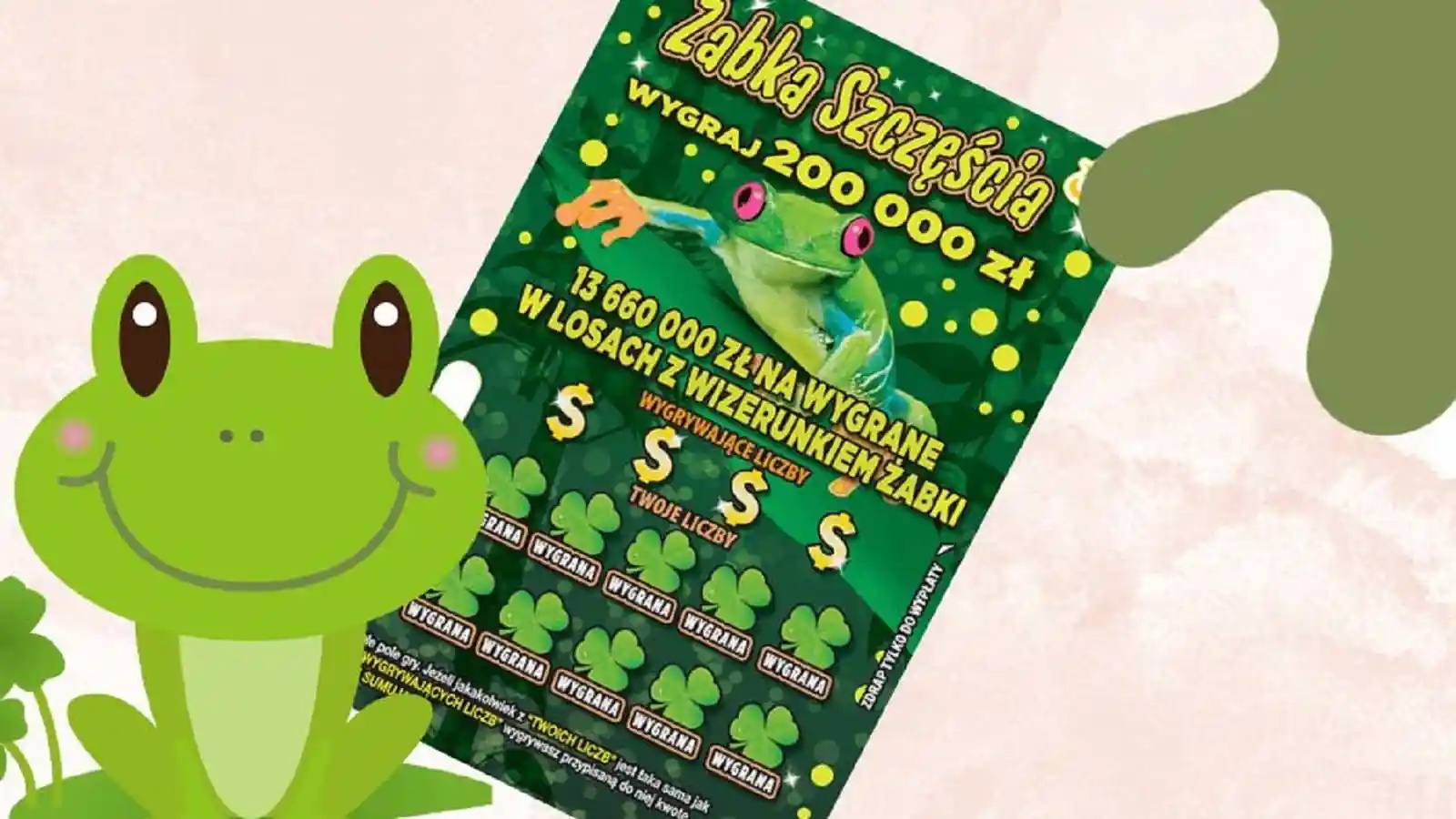 kolaż z narysowaną żabką, zieloną plamą i zdrapką lotto o nazwie żabka szczęścia