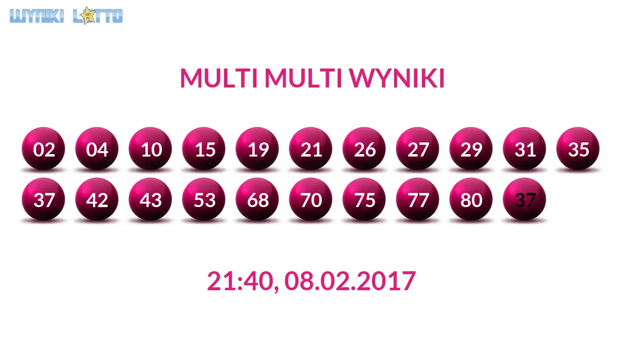 Kulki Multi Multi z wylosowanymi liczbami dnia 08.02.2017 o godz. 21:40