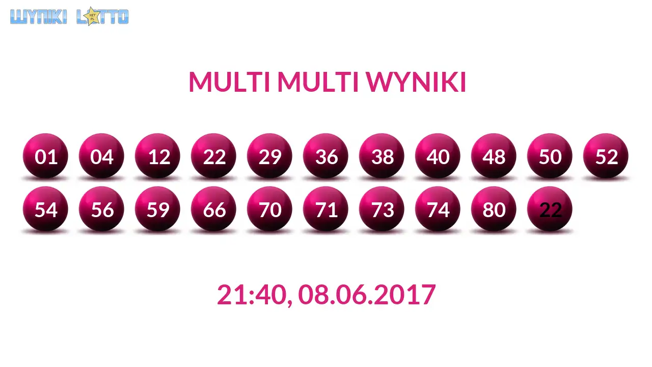 Kulki Multi Multi z wylosowanymi liczbami dnia 08.06.2017 o godz. 21:40