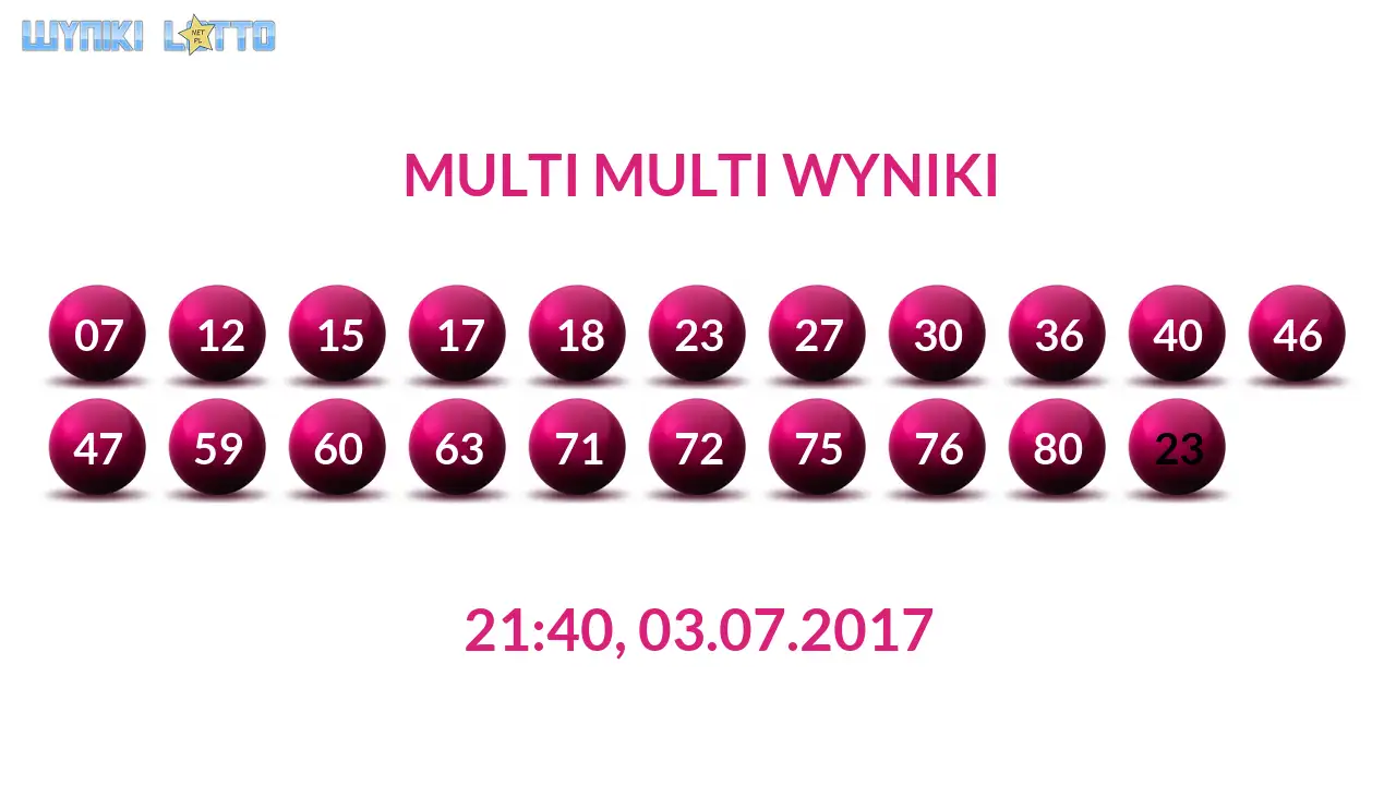 Kulki Multi Multi z wylosowanymi liczbami dnia 03.07.2017 o godz. 21:40
