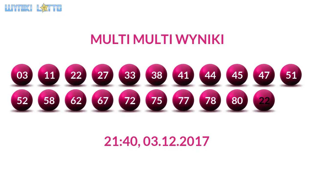 Kulki Multi Multi z wylosowanymi liczbami dnia 03.12.2017 o godz. 21:40