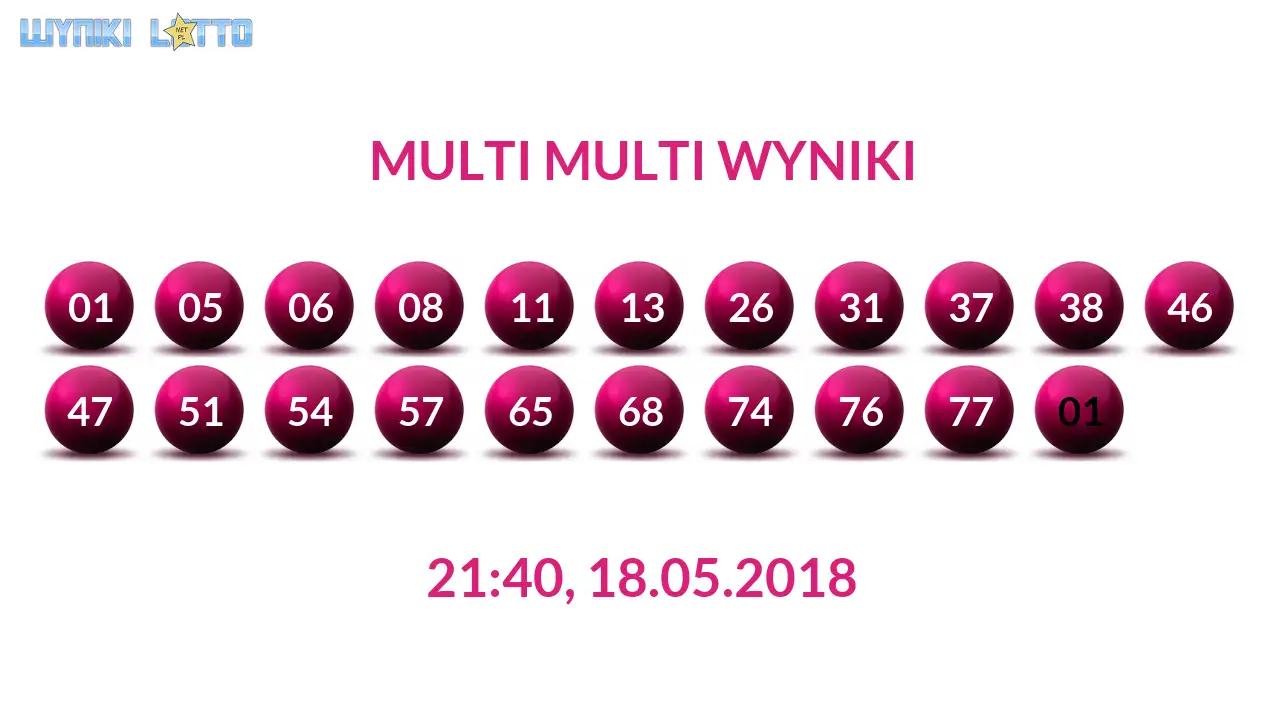 Kulki Multi Multi z wylosowanymi liczbami dnia 18.05.2018 o godz. 21:40