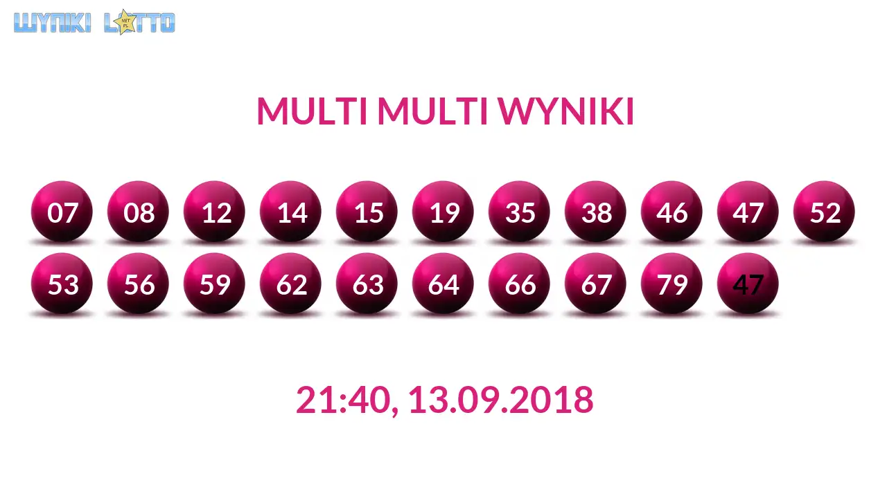 Kulki Multi Multi z wylosowanymi liczbami dnia 13.09.2018 o godz. 21:40