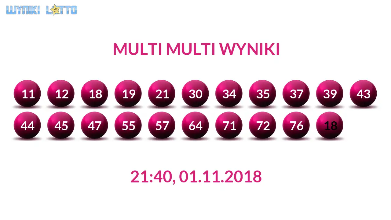Kulki Multi Multi z wylosowanymi liczbami dnia 01.11.2018 o godz. 21:40