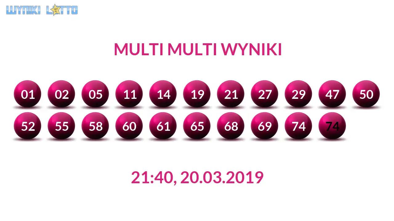 Kulki Multi Multi z wylosowanymi liczbami dnia 20.03.2019 o godz. 21:40