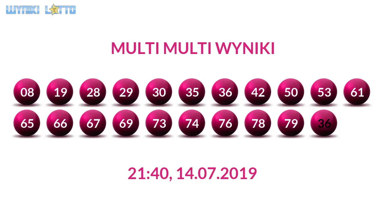 Kulki Multi Multi z wylosowanymi liczbami dnia 14.07.2019 o godz. 21:40