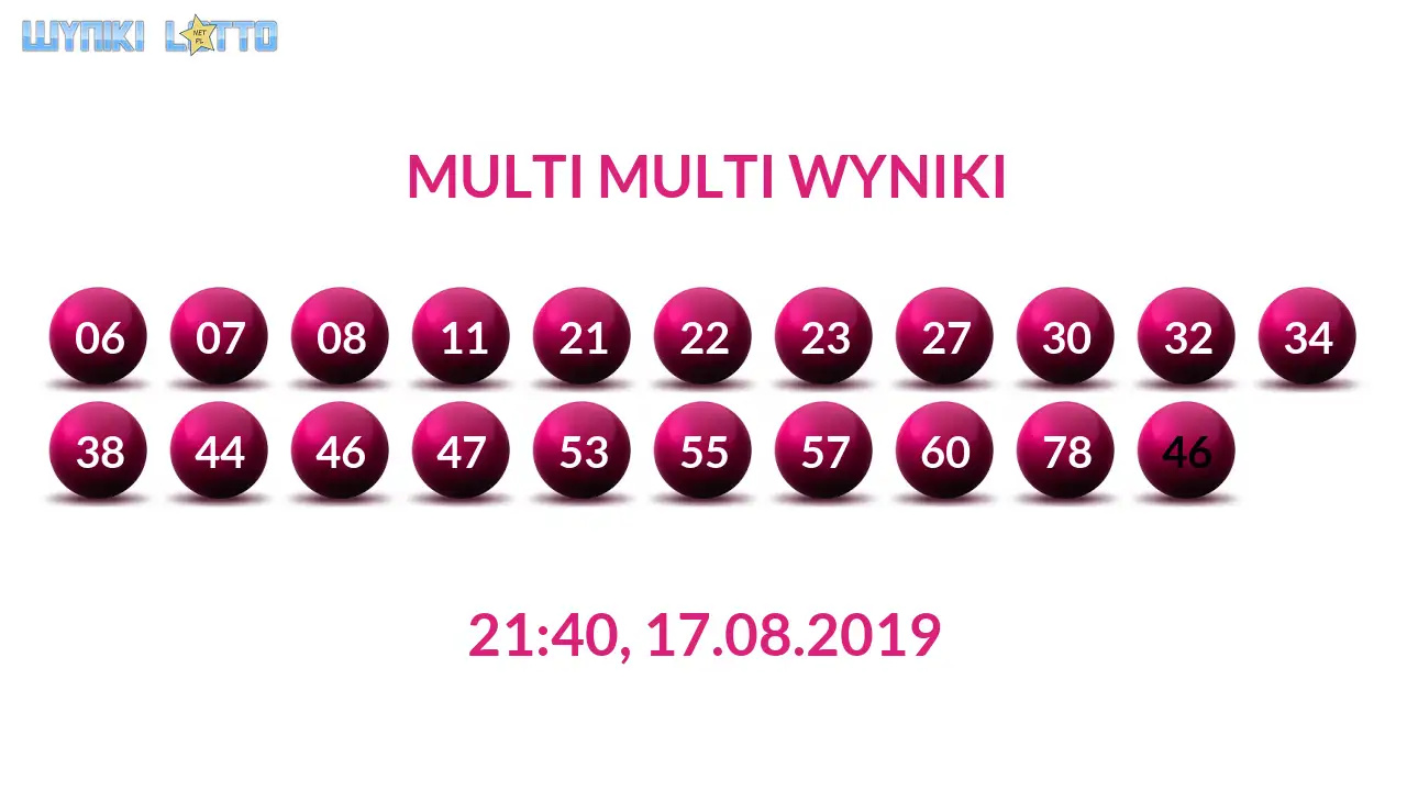 Kulki Multi Multi z wylosowanymi liczbami dnia 17.08.2019 o godz. 21:40