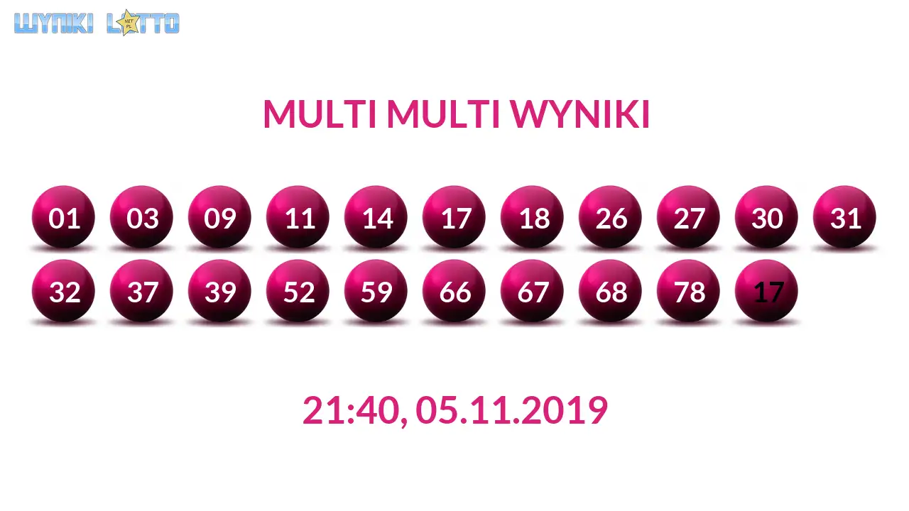 Kulki Multi Multi z wylosowanymi liczbami dnia 05.11.2019 o godz. 21:40
