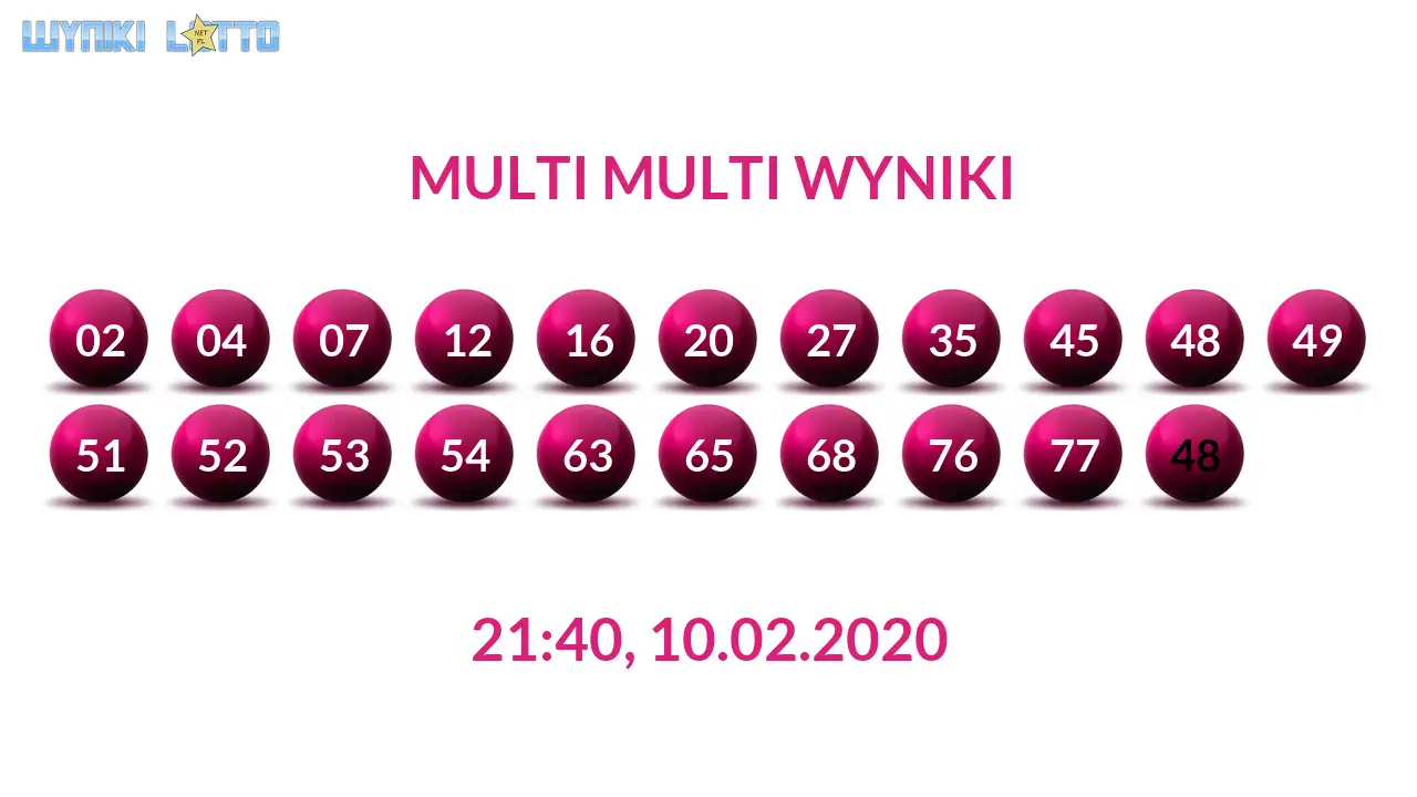 Kulki Multi Multi z wylosowanymi liczbami dnia 10.02.2020 o godz. 21:40