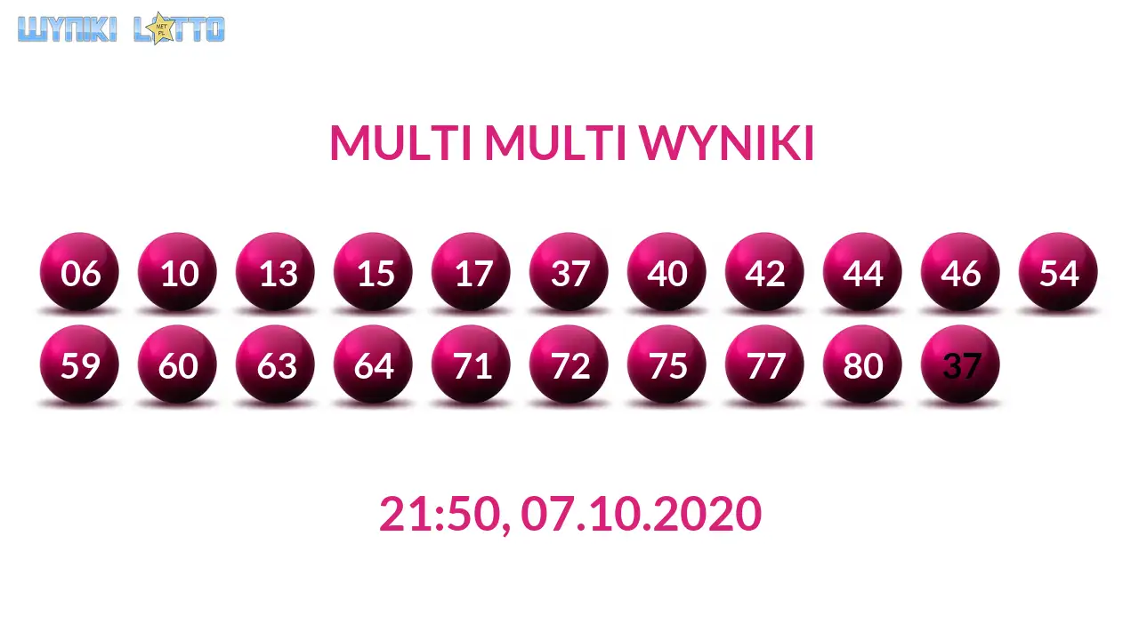 Kulki Multi Multi z wylosowanymi liczbami dnia 07.10.2020 o godz. 21:50
