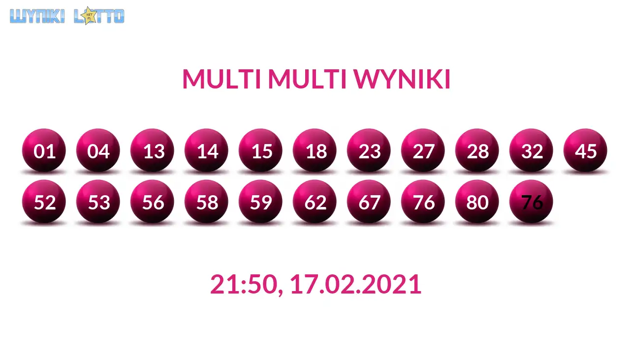 Kulki Multi Multi z wylosowanymi liczbami dnia 17.02.2021 o godz. 21:50