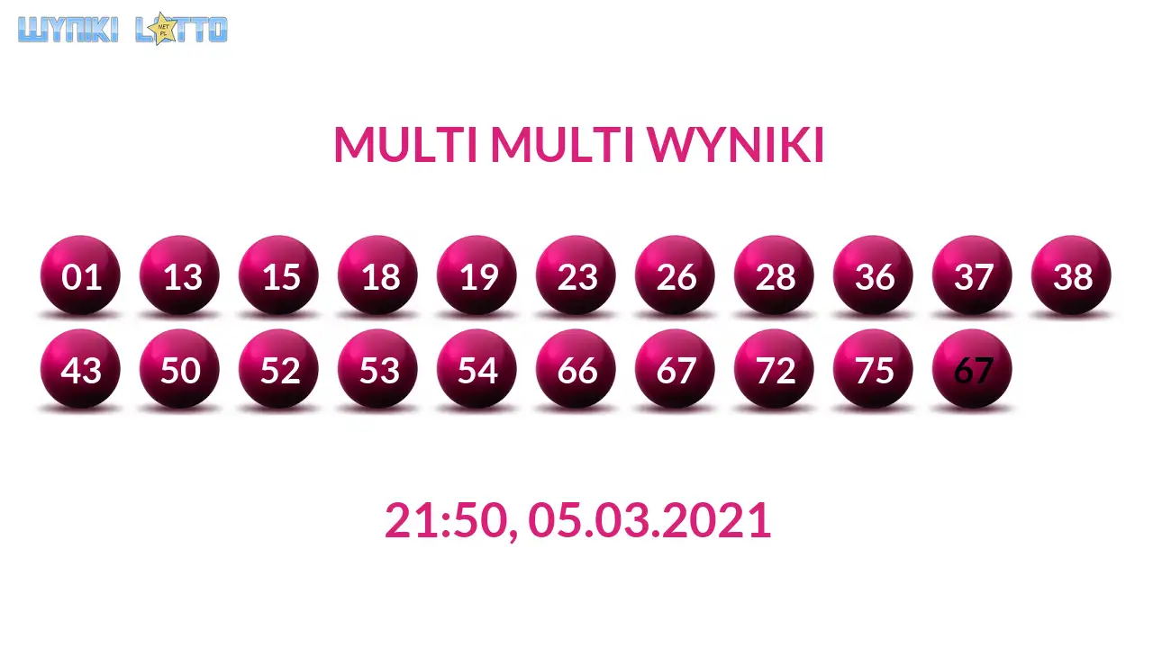 Kulki Multi Multi z wylosowanymi liczbami dnia 05.03.2021 o godz. 21:50