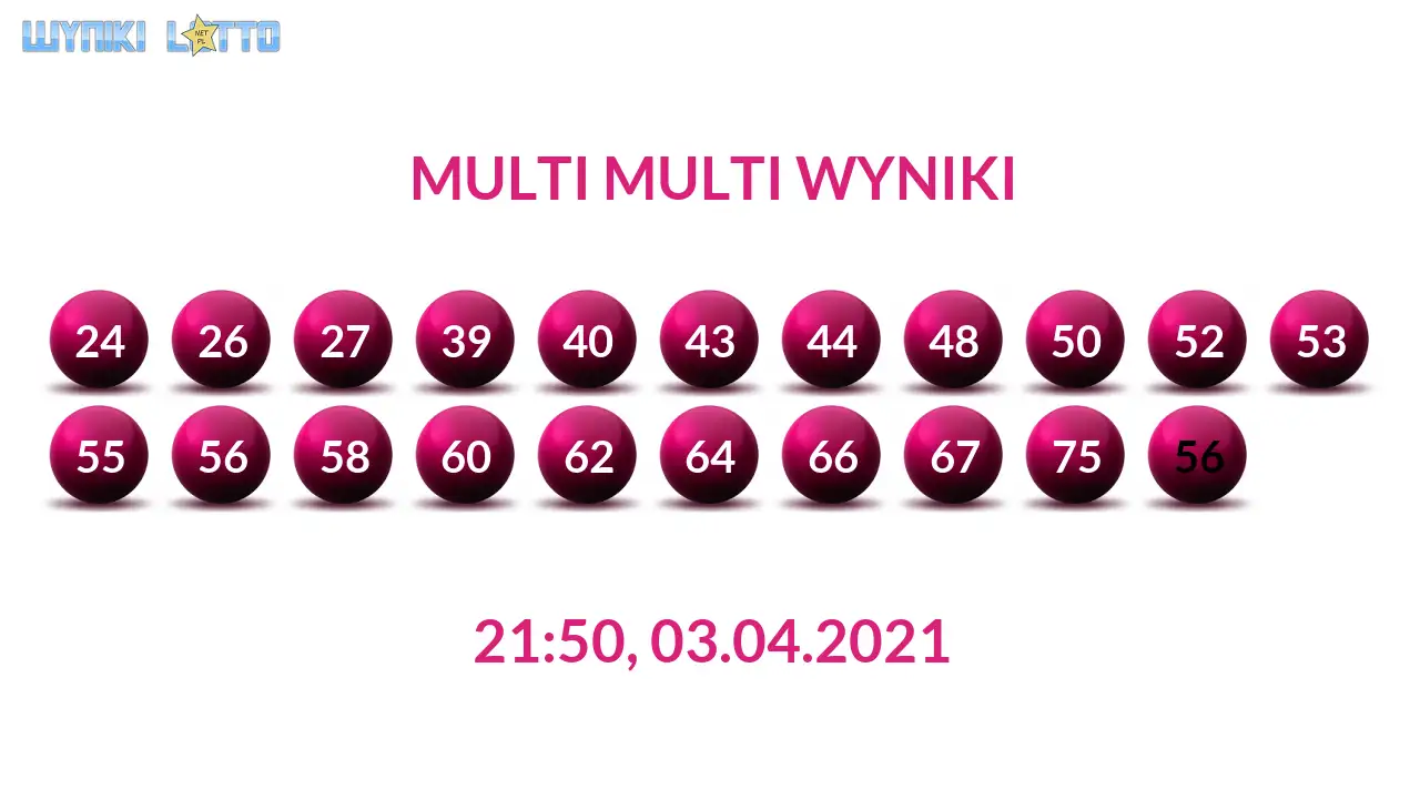 Kulki Multi Multi z wylosowanymi liczbami dnia 03.04.2021 o godz. 21:50