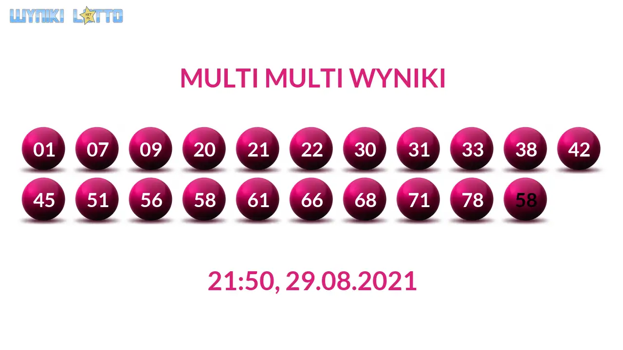Kulki Multi Multi z wylosowanymi liczbami dnia 29.08.2021 o godz. 21:50
