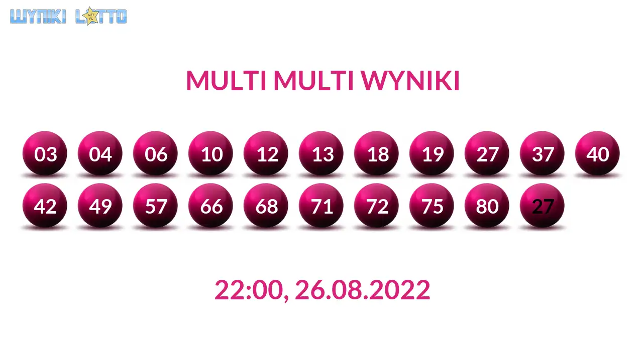 Kulki Multi Multi z wylosowanymi liczbami dnia 26.08.2022 o godz. 22:00