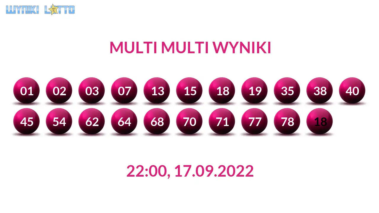 Kulki Multi Multi z wylosowanymi liczbami dnia 17.09.2022 o godz. 22:00