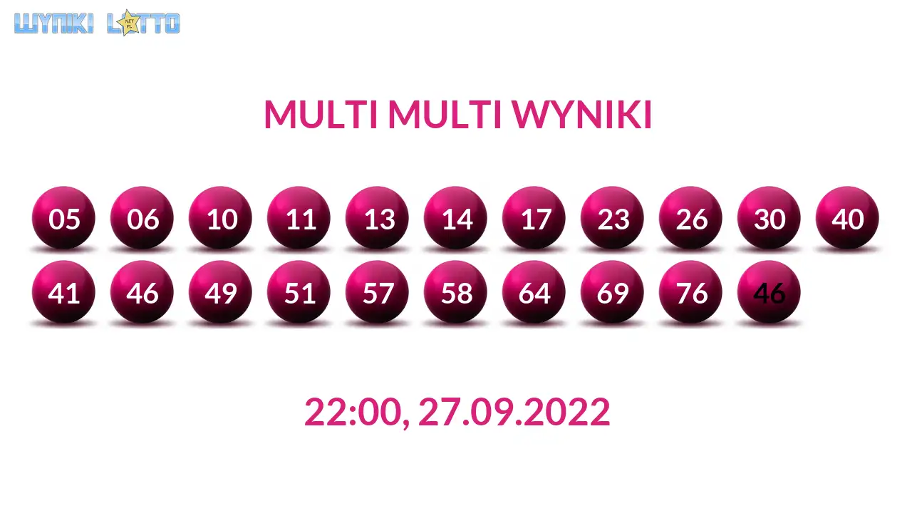 Kulki Multi Multi z wylosowanymi liczbami dnia 27.09.2022 o godz. 22:00