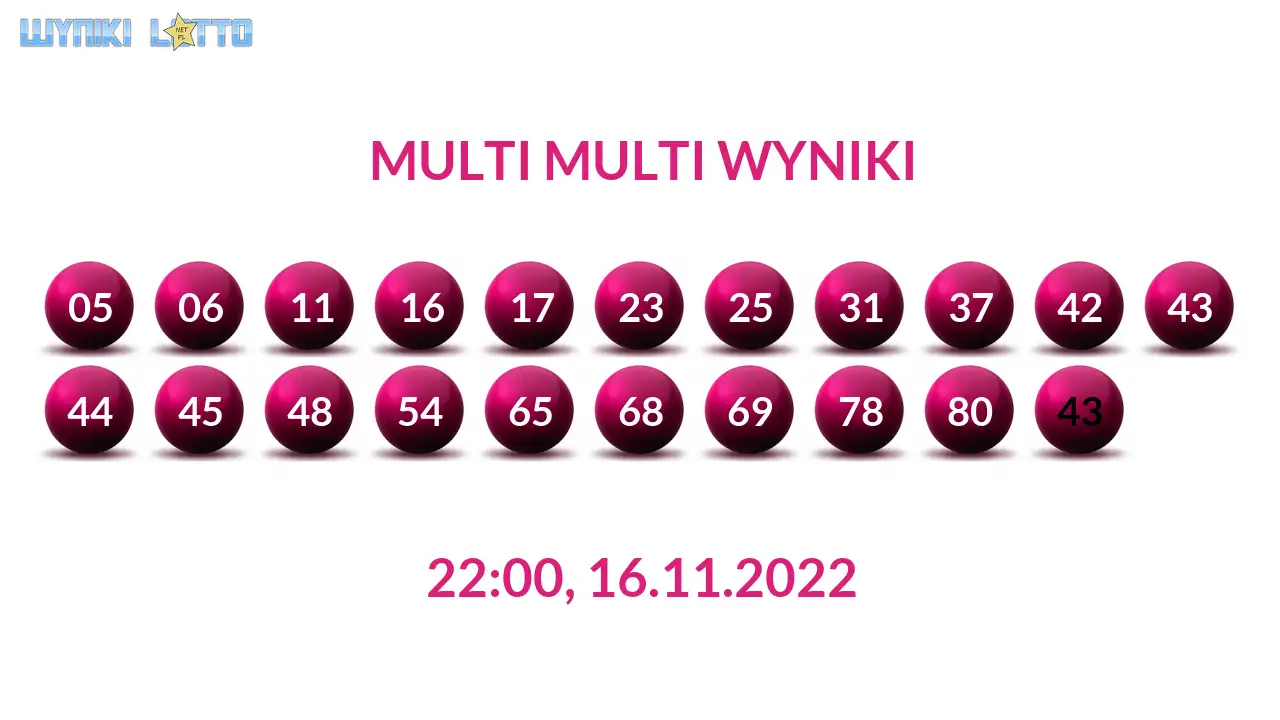 Kulki Multi Multi z wylosowanymi liczbami dnia 16.11.2022 o godz. 22:00