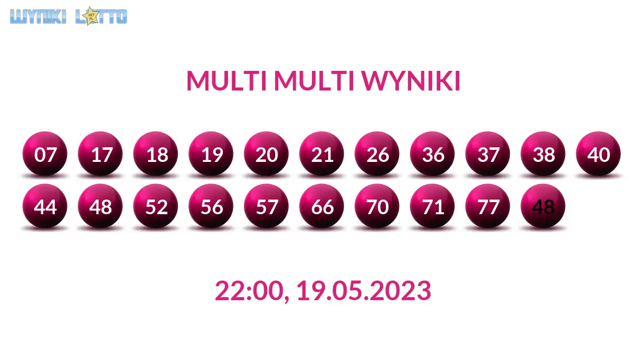 Kulki Multi Multi z wylosowanymi liczbami dnia 19.05.2023 o godz. 22:00