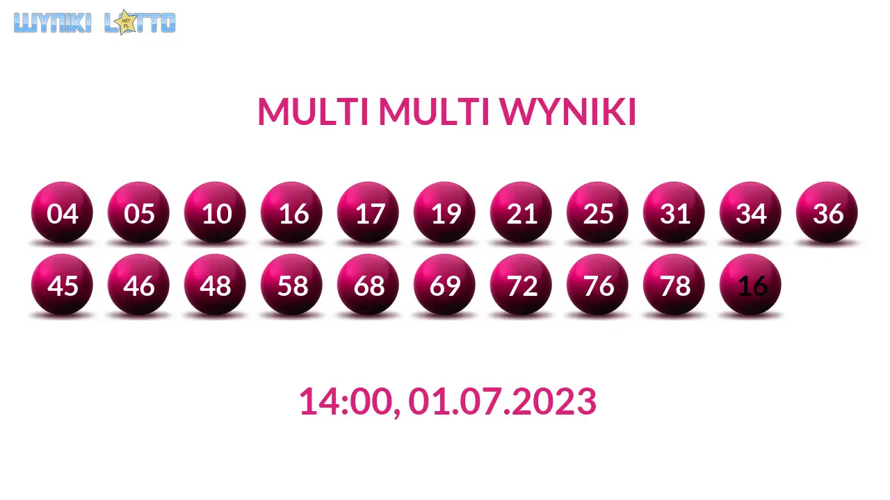 Kulki Multi Multi z wylosowanymi liczbami dnia 01.07.2023 o godz. 14:00