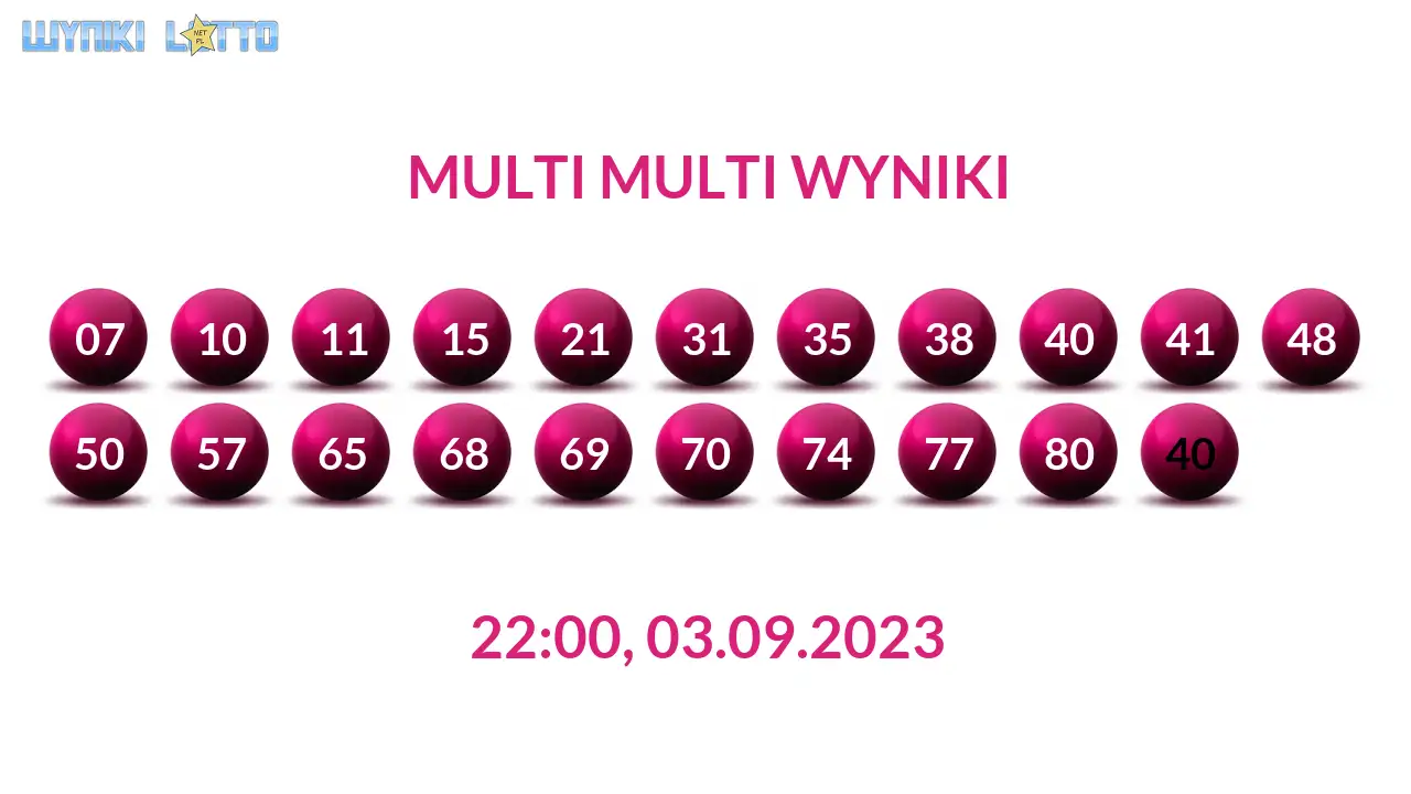 Kulki Multi Multi z wylosowanymi liczbami dnia 03.09.2023 o godz. 22:00