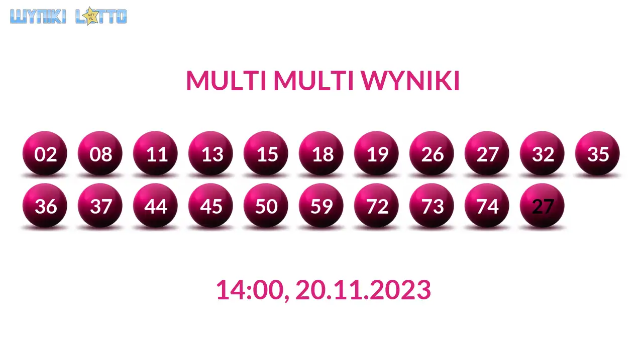 Kulki Multi Multi z wylosowanymi liczbami dnia 20.11.2023 o godz. 14:00