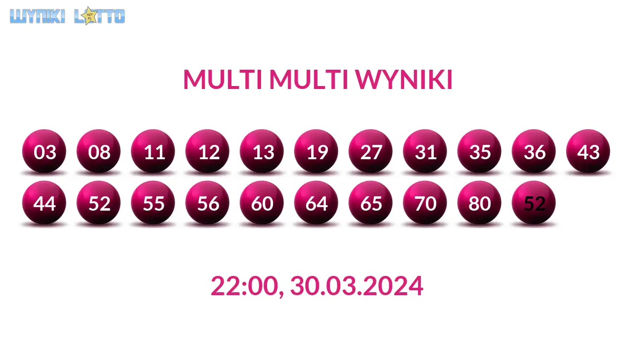 Kulki Multi Multi z wylosowanymi liczbami dnia 30.03.2024 o godz. 22:00